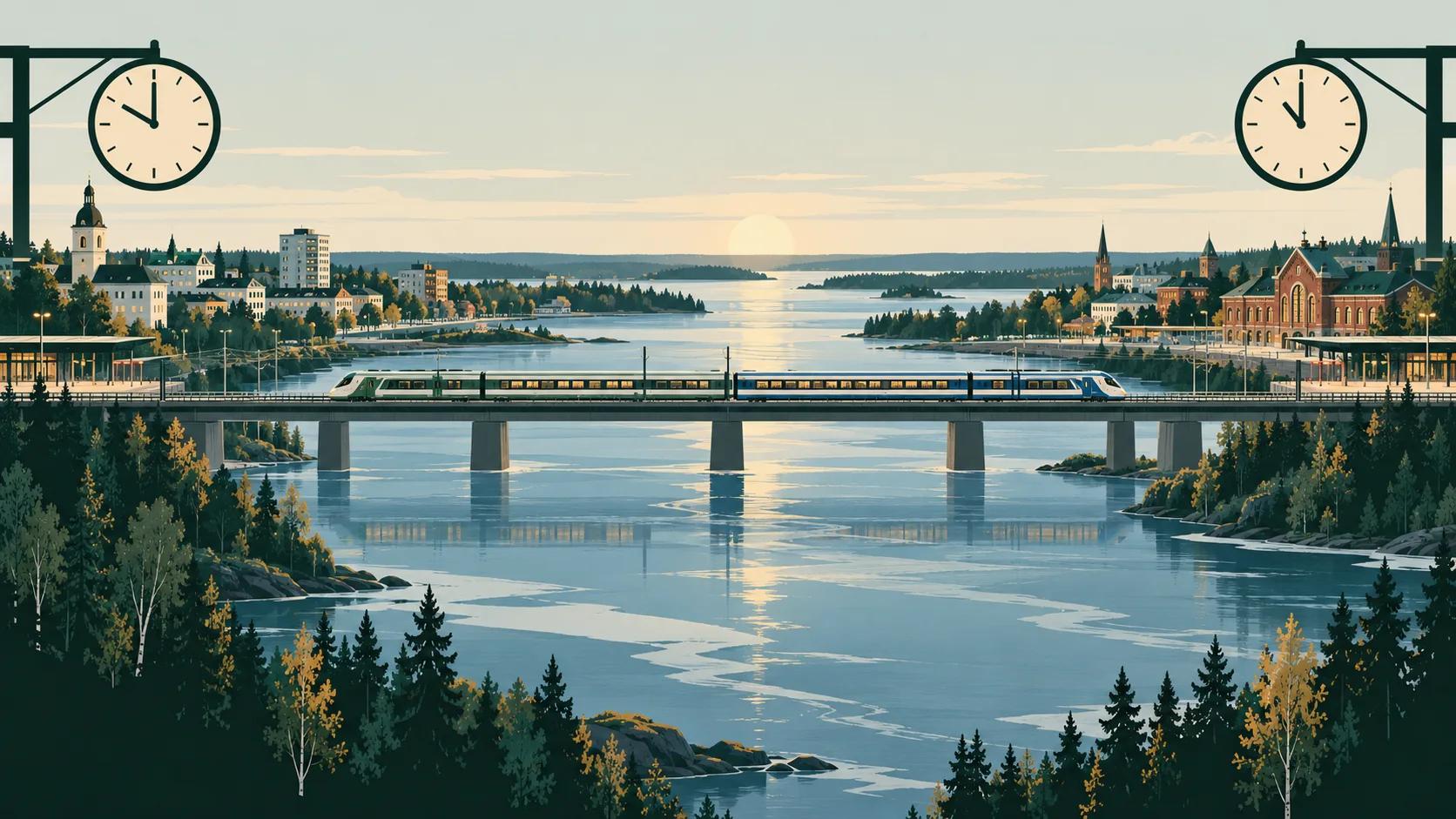 Kuvitettu Tornio–Haaparanta-ratayhteys, kaksoiskaupunki, joki ja kaksi paikalliskelloa