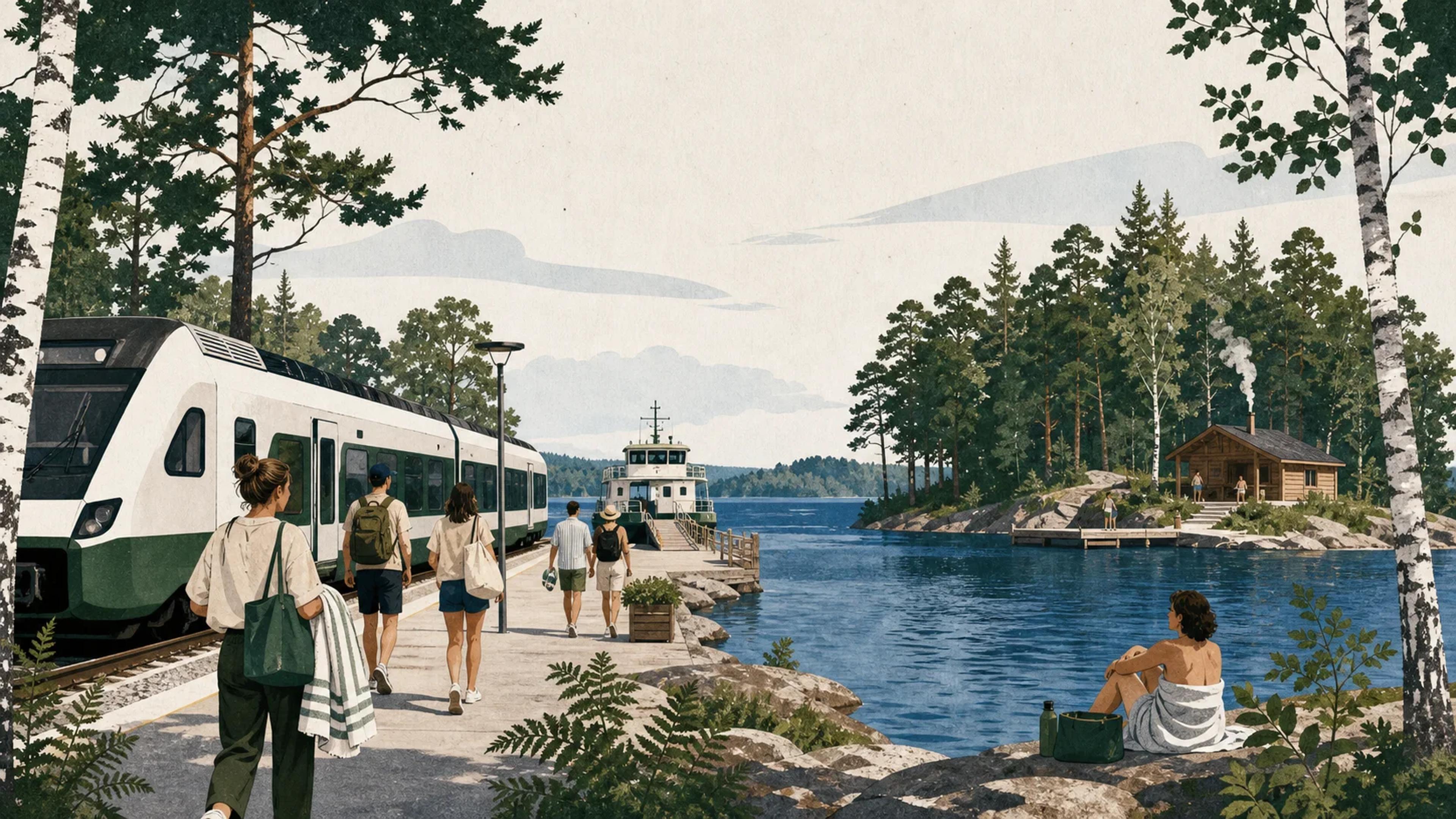 Kuvitettu juna, satamalautta ja puinen yleinen sauna suomalaisen järvisaaren rannalla