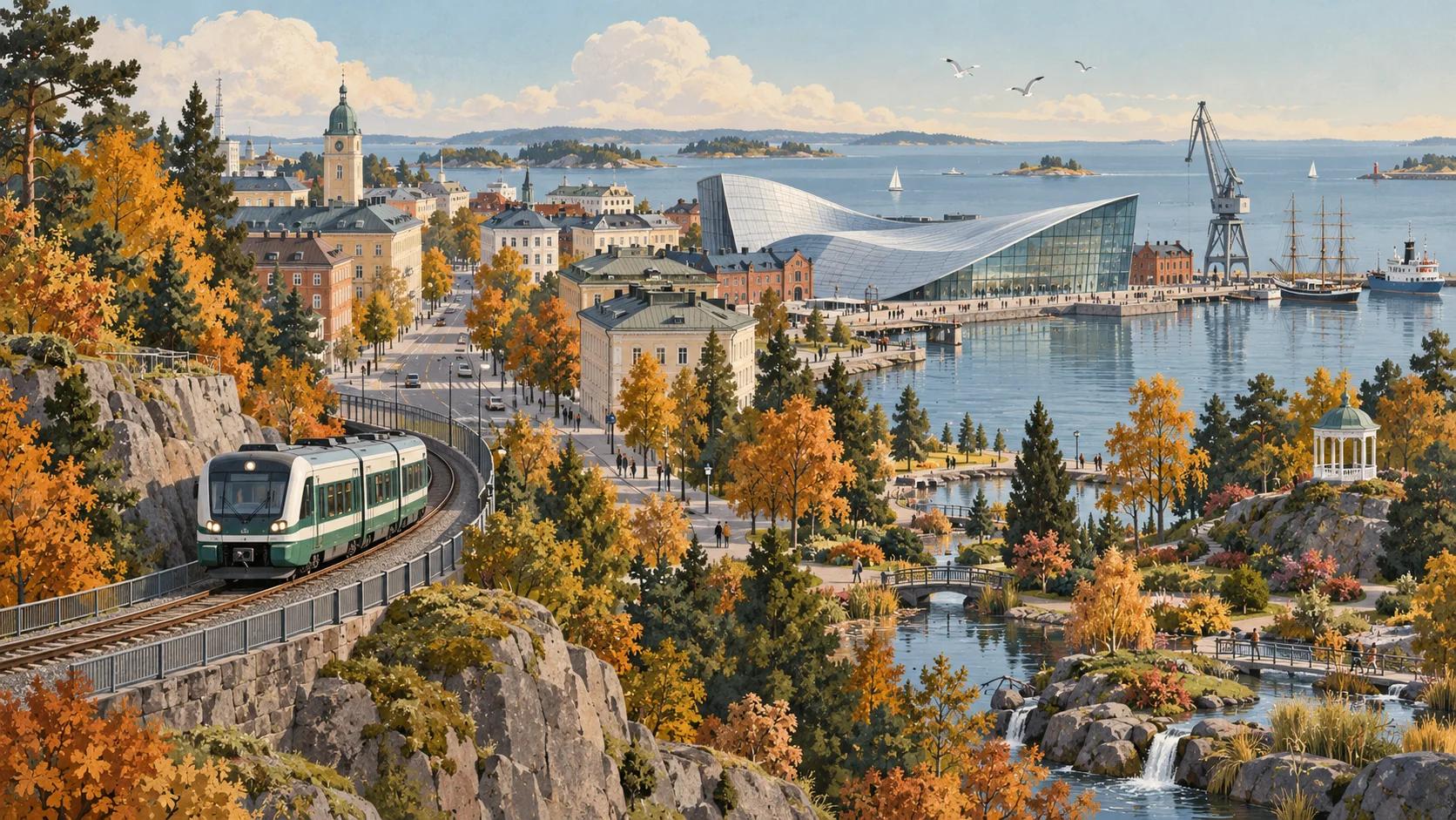 Editorial illustration of a Kotka city train approaching the old harbour, Vellamo and coastal parks