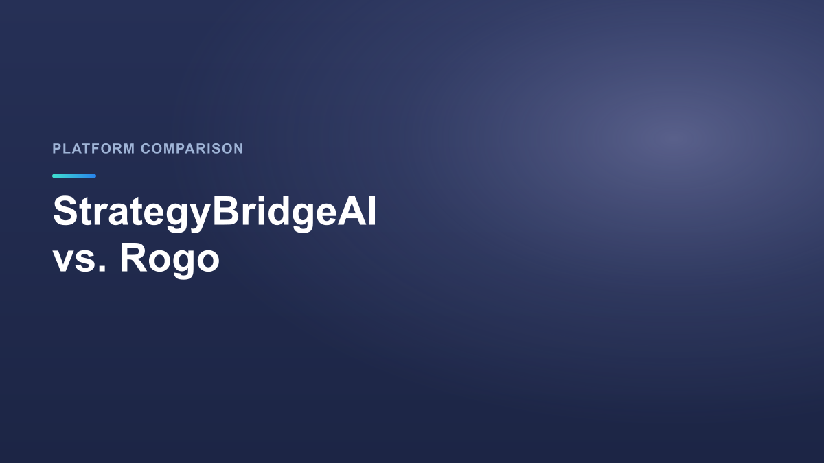 Vergleich von StrategyBridgeAI und Rogo auf blauem StrategyBridgeAI-Hintergrund