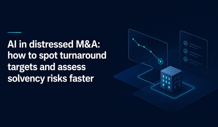 Minimalist illustration of AI in distressed M&A showing company analysis, turnaround screening and solvency risk assessment.
