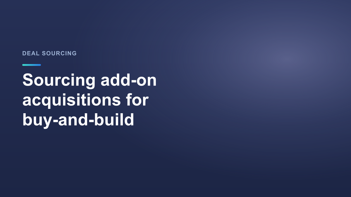 Titelbild mit dem Text Sourcing add-on acquisitions for buy-and-build auf dunkelblauem StrategyBridgeAI-Hintergrund