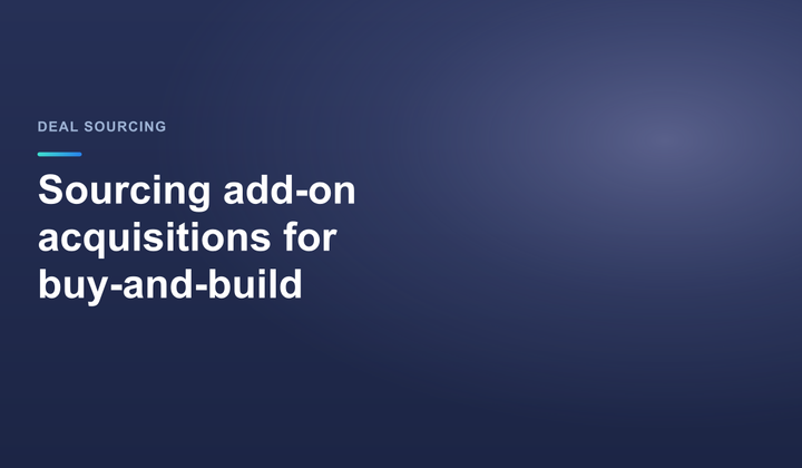 Titelbild mit dem Text Sourcing add-on acquisitions for buy-and-build auf dunkelblauem StrategyBridgeAI-Hintergrund