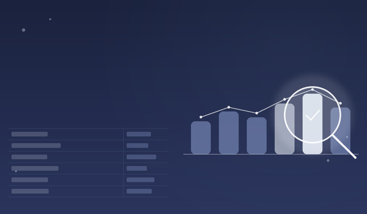 Illustration of a bar chart EBITDA bridge under a magnifying glass on a dark blue StrategyBridgeAI background, representing a quality of earnings analysis