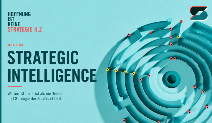 Abstrakte Labyrinth-Grafik mit konzentrischen Kreisen und dem Titel „Strategic Intelligence“ im StrategyBridge-Design in Türkis, Dunkelblau und Korallrot.