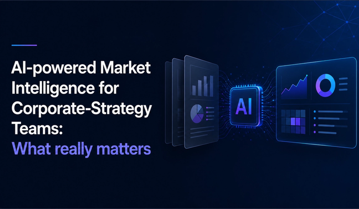Illustration of an AI-powered market intelligence platform for corporate strategy teams, featuring interactive dashboards, data visualizations, and an AI engine on a modern dark technology background.