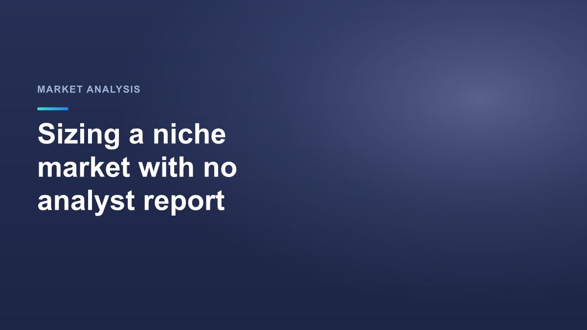 Cover image with the title Sizing a niche market with no analyst report on a dark blue StrategyBridgeAI background