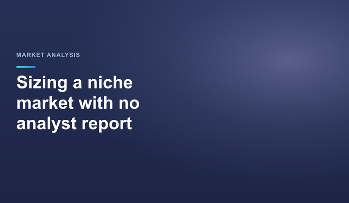 Cover image with the title Sizing a niche market with no analyst report on a dark blue StrategyBridgeAI background