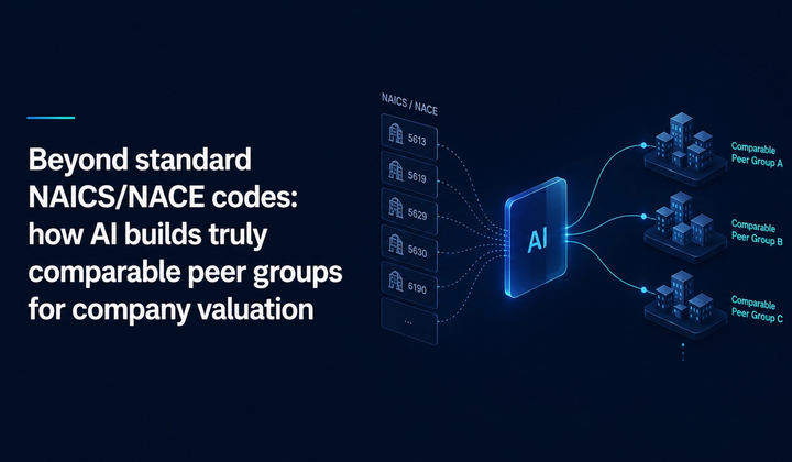 Minimalist illustration showing AI transforming NAICS/NACE industry codes into comparable peer groups for accurate company valuation.