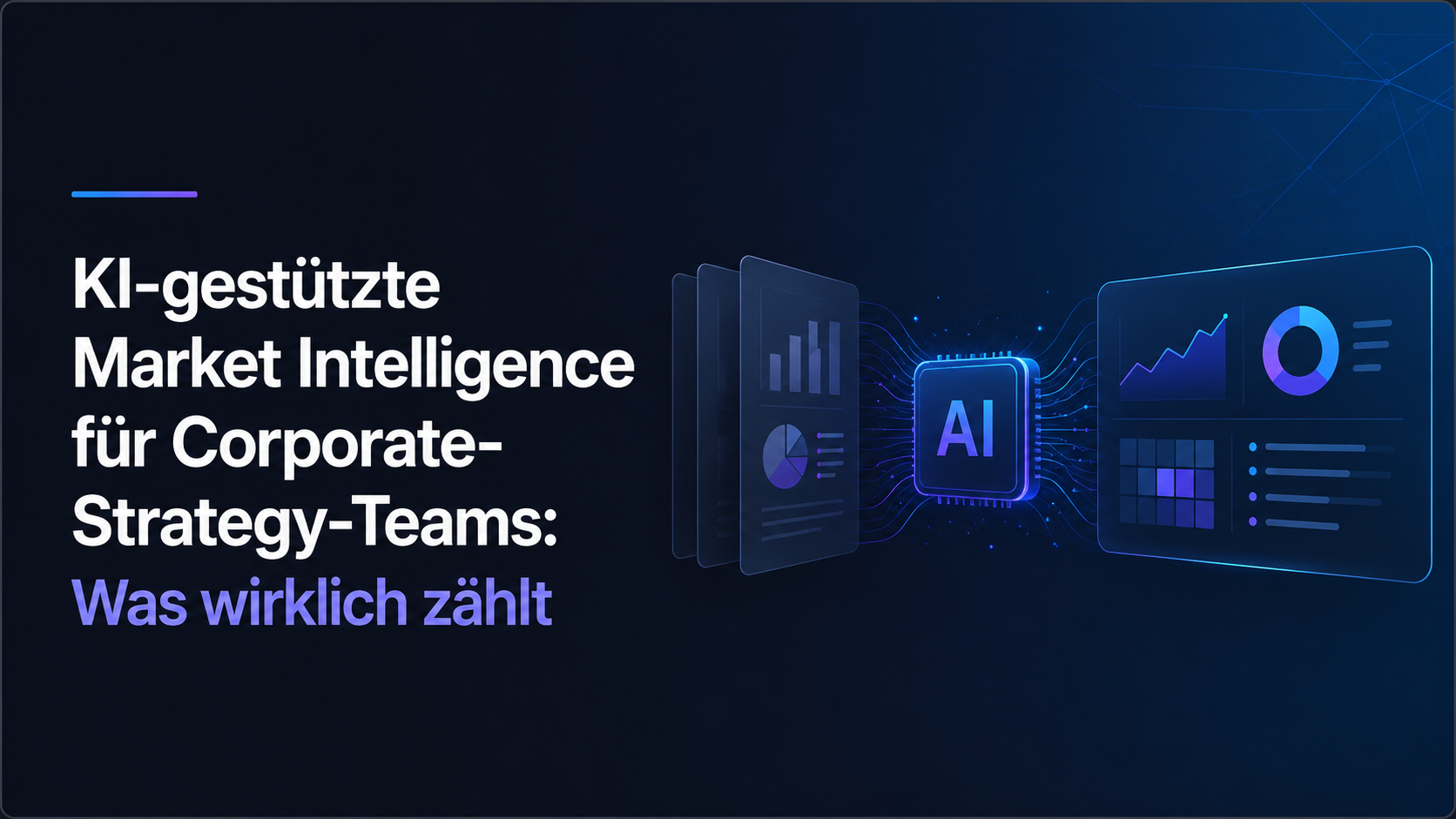 Illustration einer KI-gestützten Market-Intelligence-Plattform für Corporate-Strategy-Teams mit interaktiven Dashboards, Datenvisualisierungen und einem KI-Modul auf dunklem, modernem Hintergrund.