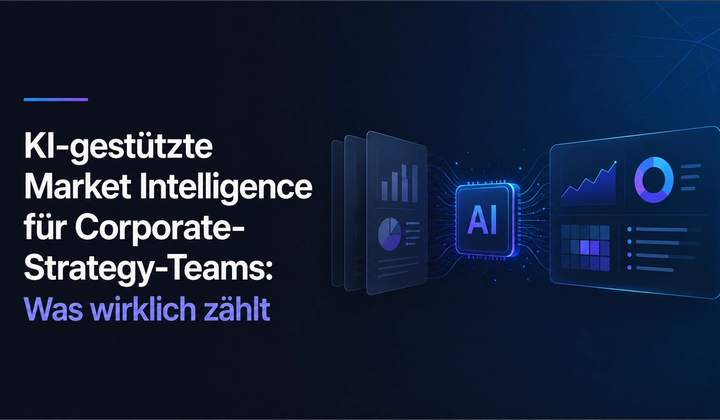 Illustration einer KI-gestützten Market-Intelligence-Plattform für Corporate-Strategy-Teams mit interaktiven Dashboards, Datenvisualisierungen und einem KI-Modul auf dunklem, modernem Hintergrund.