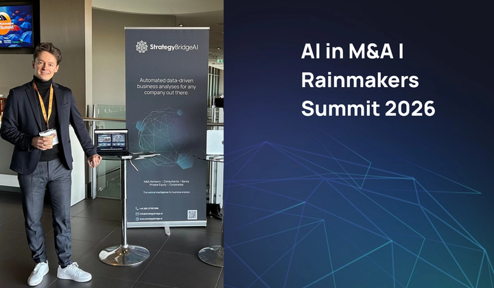 Louis Flach presenting StrategyBridgeAI at the Rainmakers Summit 2026 in Manchester, showcasing AI-powered business analysis solutions for M&A, private equity, and corporate finance professionals.
