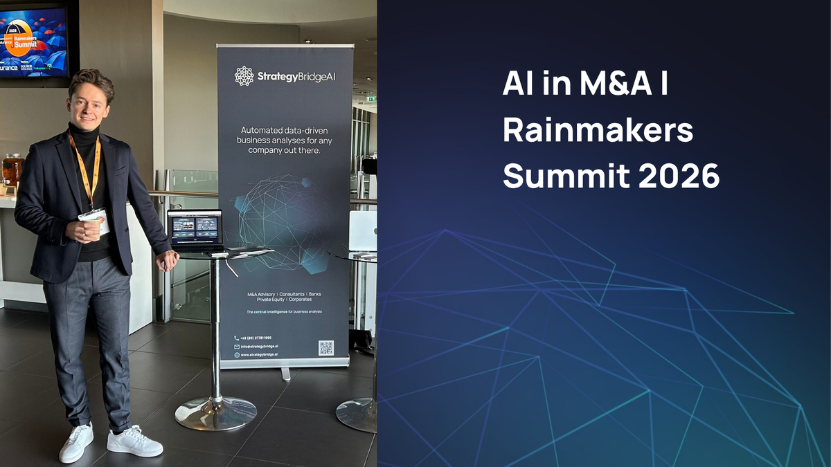 Louis Flach presenting StrategyBridgeAI at the Rainmakers Summit 2026 in Manchester, showcasing AI-powered business analysis solutions for M&A, private equity, and corporate finance professionals.