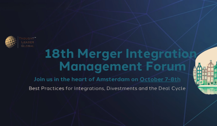 Promotional banner for the 18th Merger Integration Management Forum in Amsterdam, covering post-merger integration, divestments, AI in M&A, and deal execution.