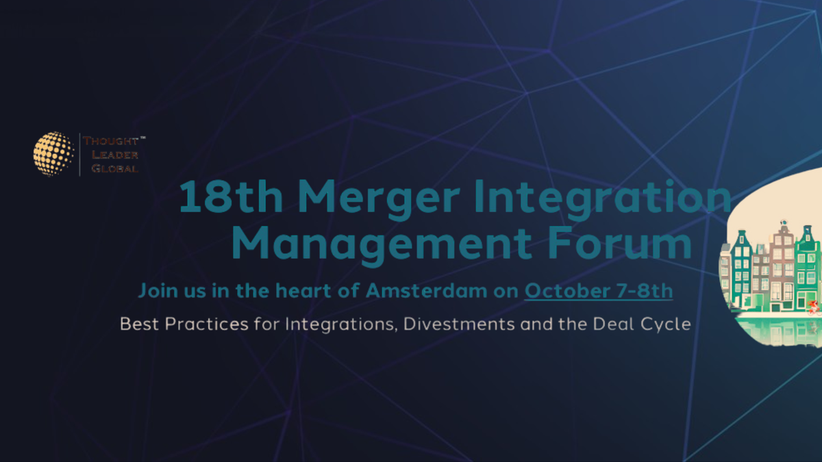 Promotional banner for the 18th Merger Integration Management Forum in Amsterdam, covering post-merger integration, divestments, AI in M&A, and deal execution.