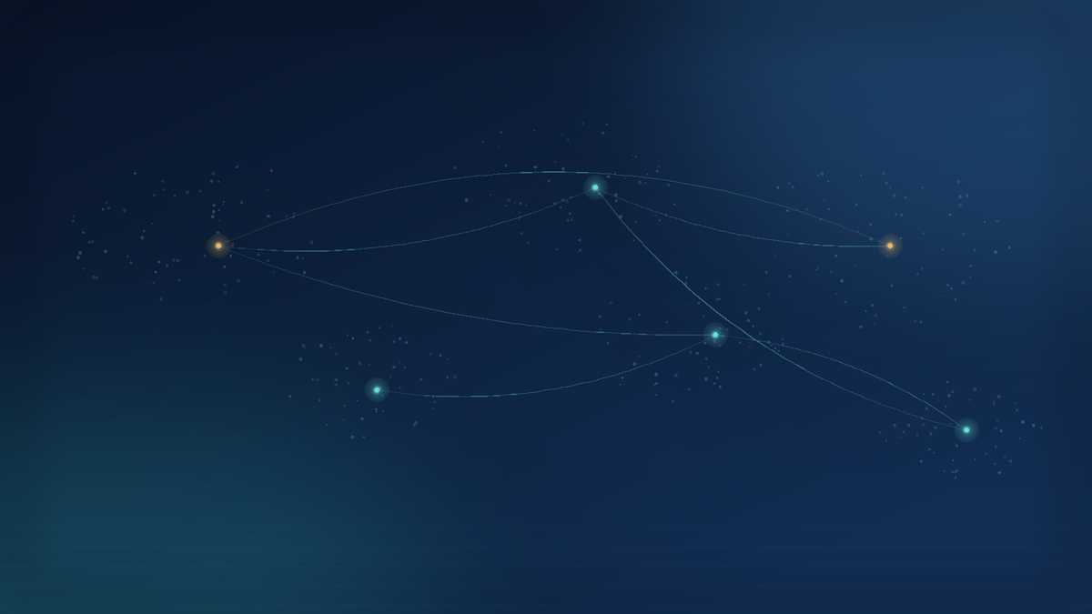 Abstract network of glowing nodes connected by arcing lines across a dark blue background, symbolizing cross-border deal sourcing
