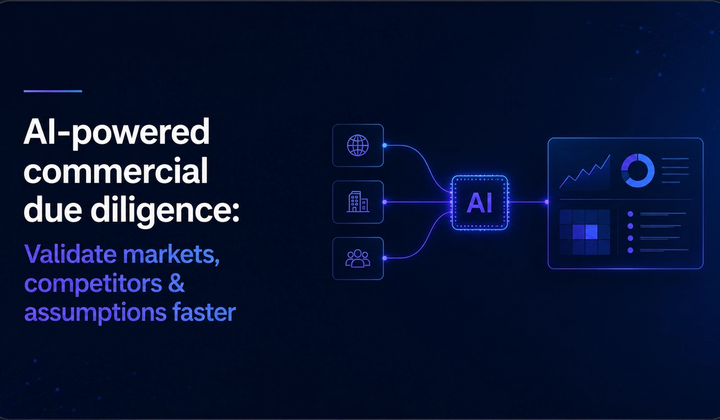 AI-powered commercial due diligence visual showing market intelligence, competitor data, company information and financial benchmarks flowing into decision-ready insights.