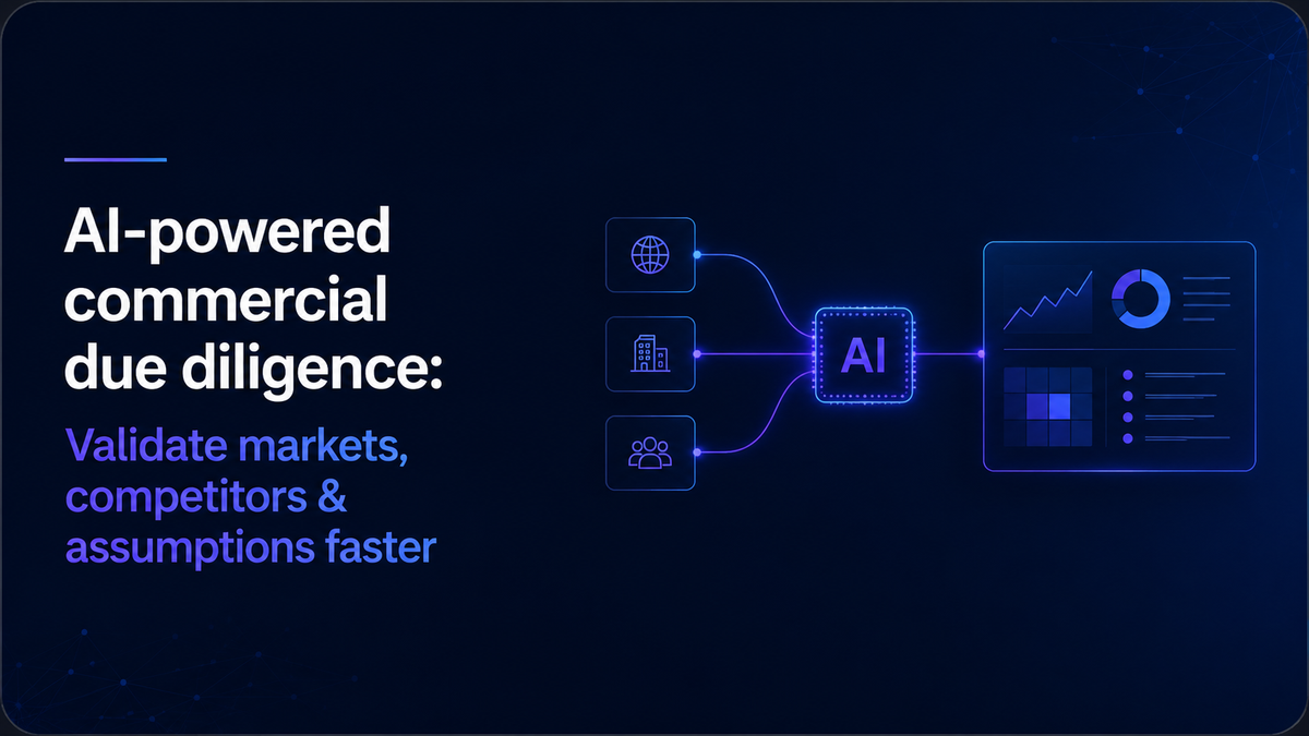 AI-powered commercial due diligence visual showing market intelligence, competitor data, company information and financial benchmarks flowing into decision-ready insights.