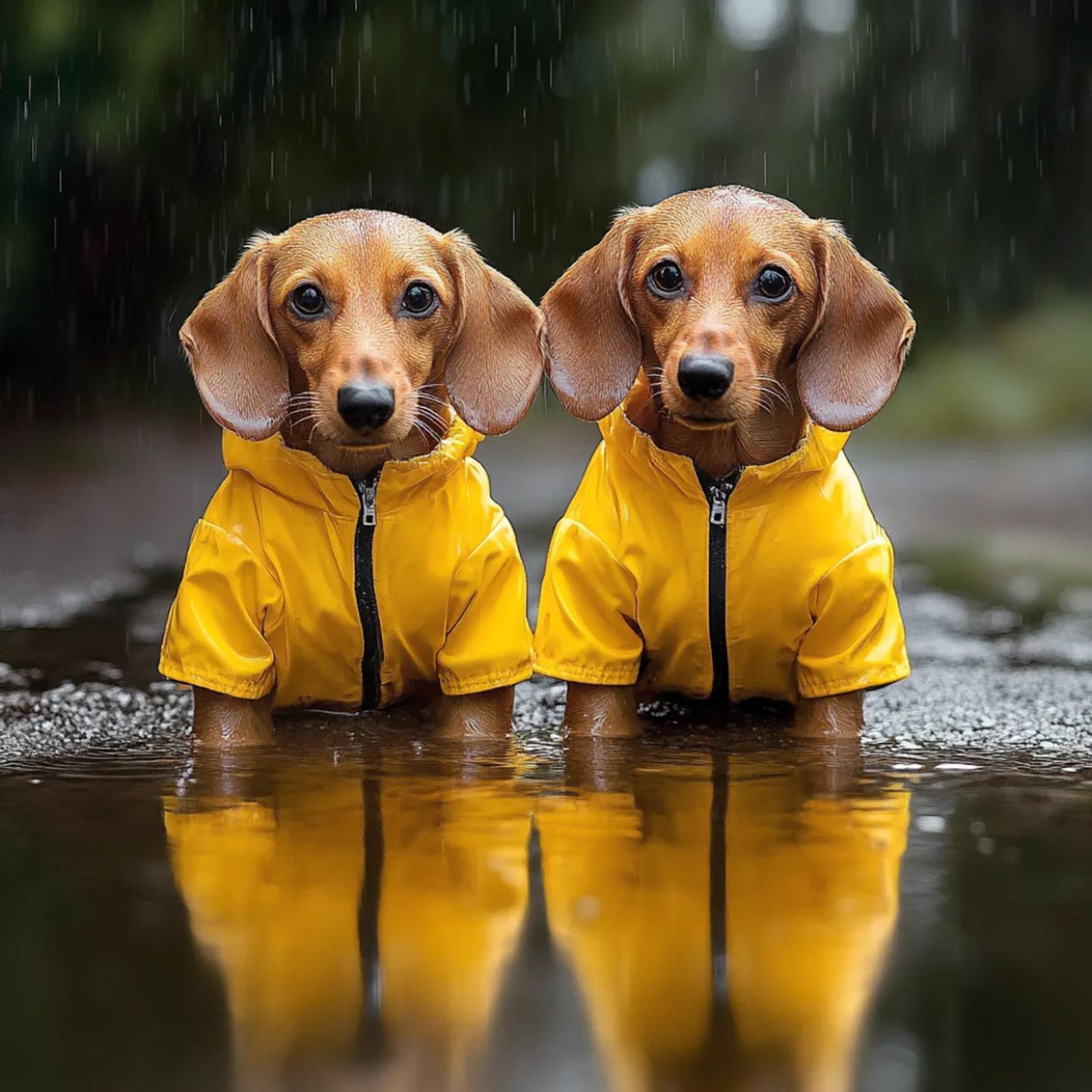 Dachshund Puppies in Raincoats