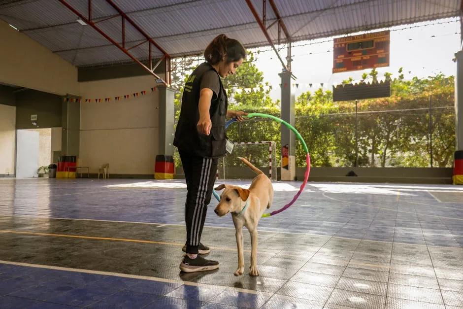 Handler guiding a dog through weave poles on grass
