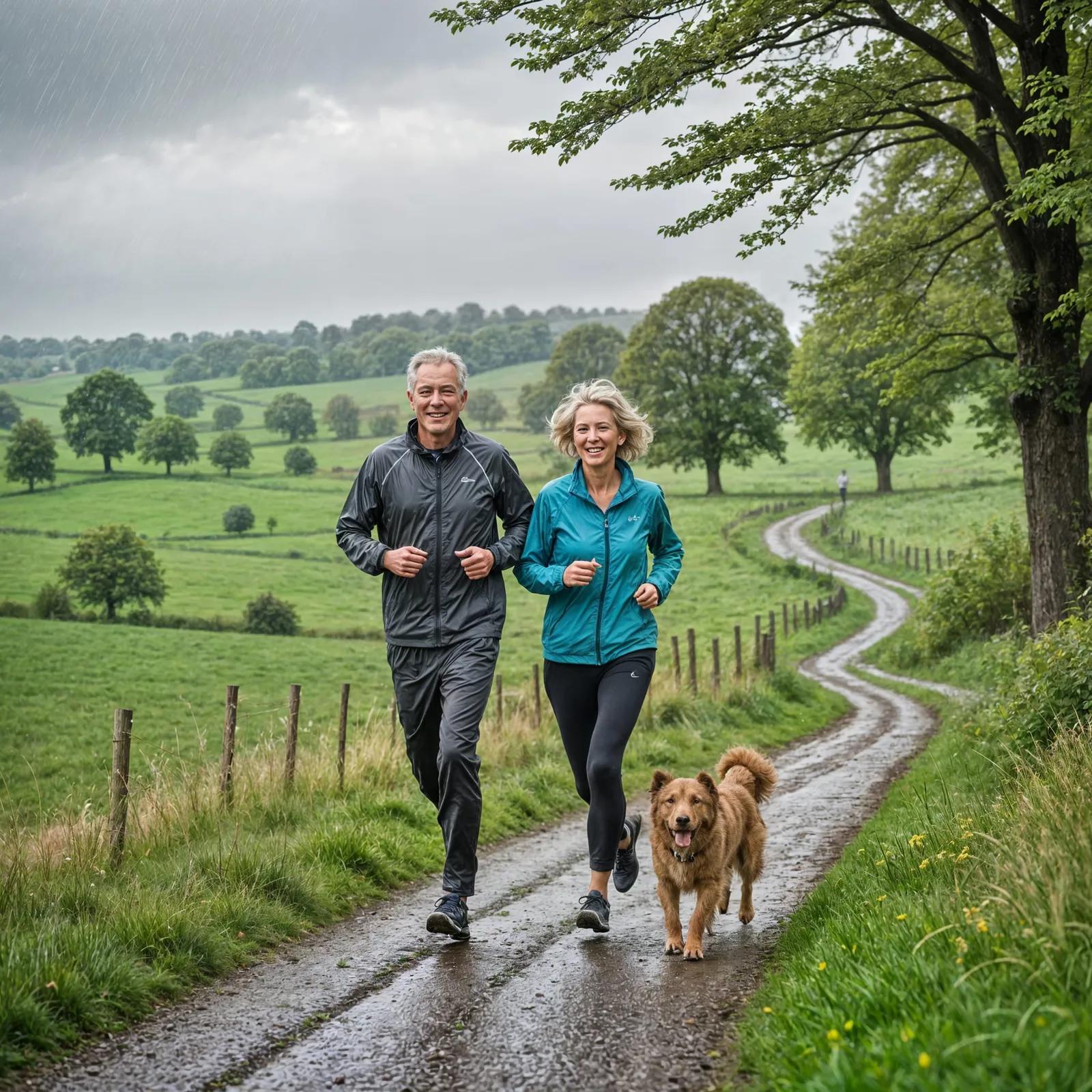 An older couple going for a 5k jog with their dog