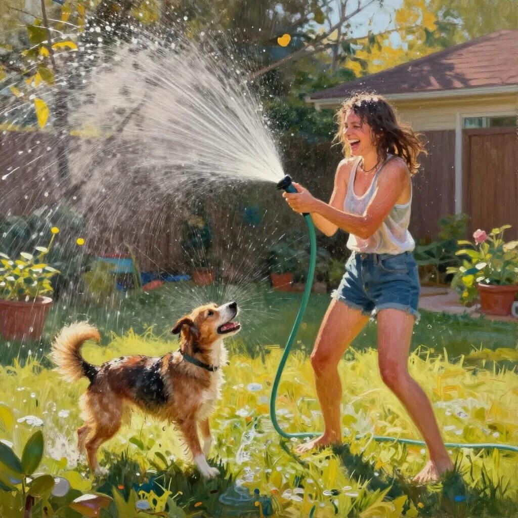 Dog and woman having fun in the garden