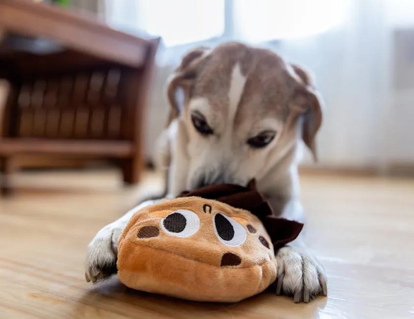 Dog using a snuffle mat indoors on carpet