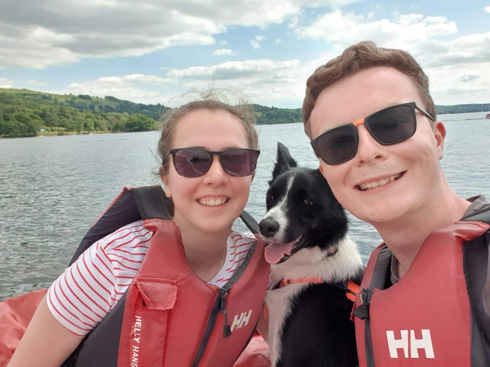 Dalton and his border collie dog on a boat