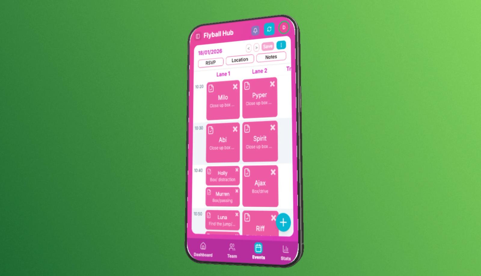 An example training session on Flyball Hub for android app