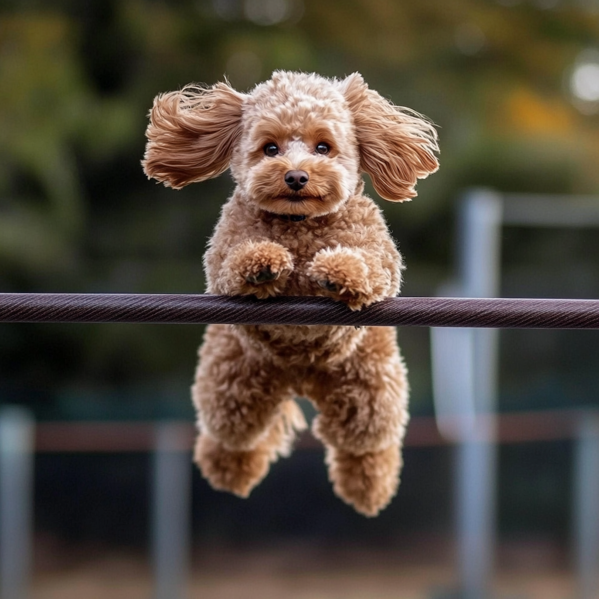 Small dog jumping over a hurdle at flyball