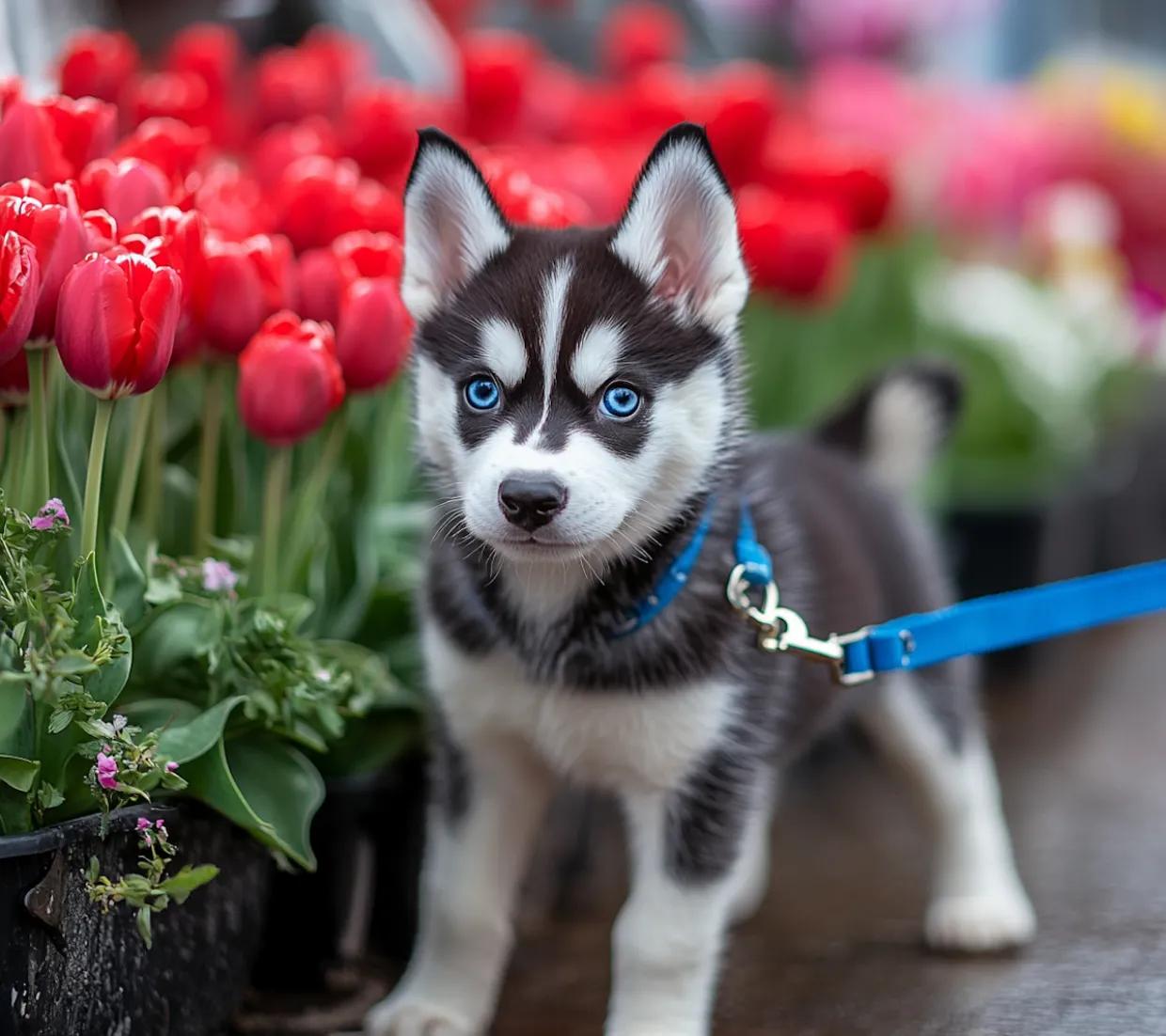 Husky Flyball Puppy Amidst Red Tulips