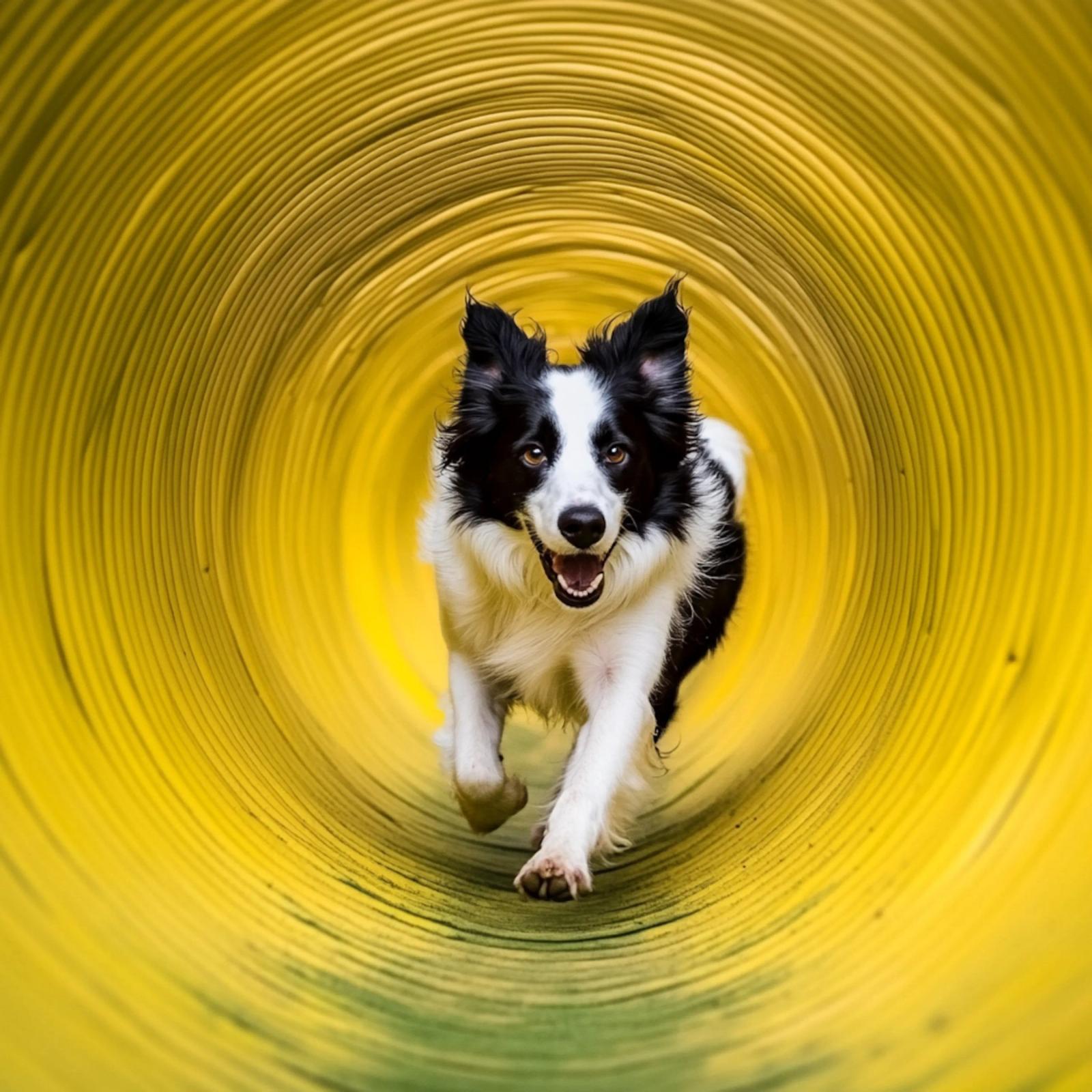 Border collie running through a tunnel