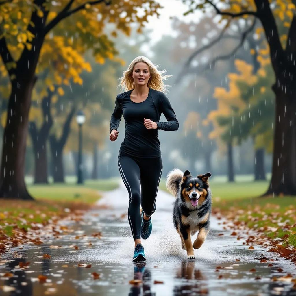 a-lady-jogging-in-the-rain-park-active-wear-blond-hair-dog-running-next-to-her dog doing a 5k