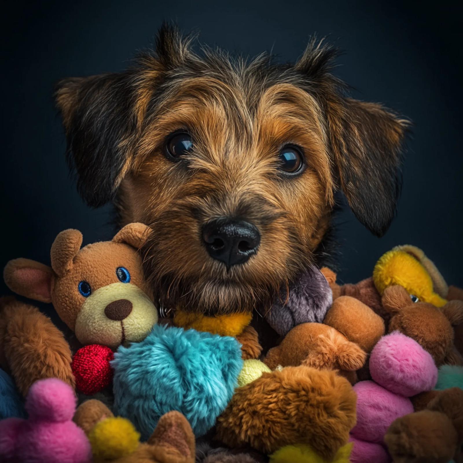 Playful Dog with Plush Toys