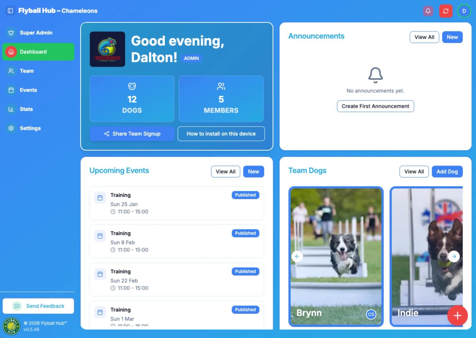 Screenshot of team dashboard for Flyball Hub on showing upcoming session and team dogs
