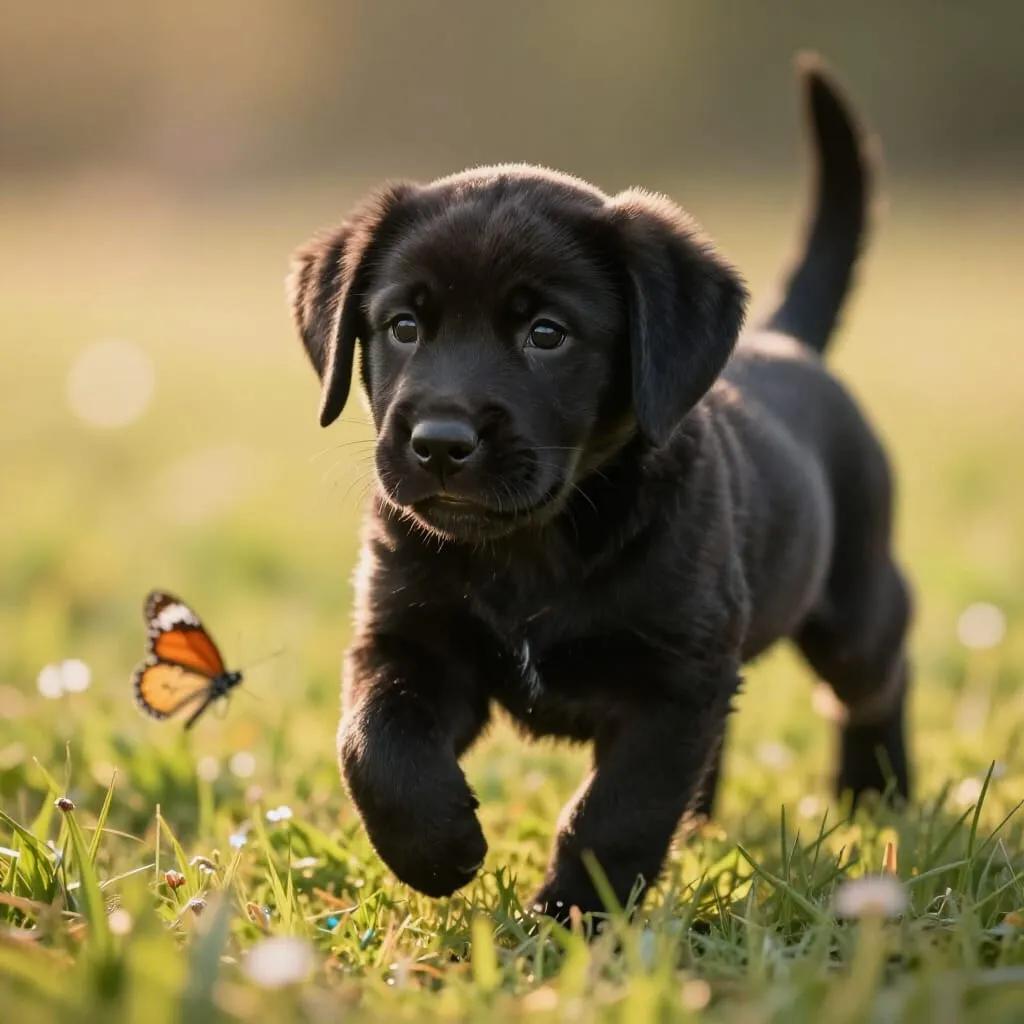 a hyper realistic and very detailed small black abrador puppy ready to play flyball