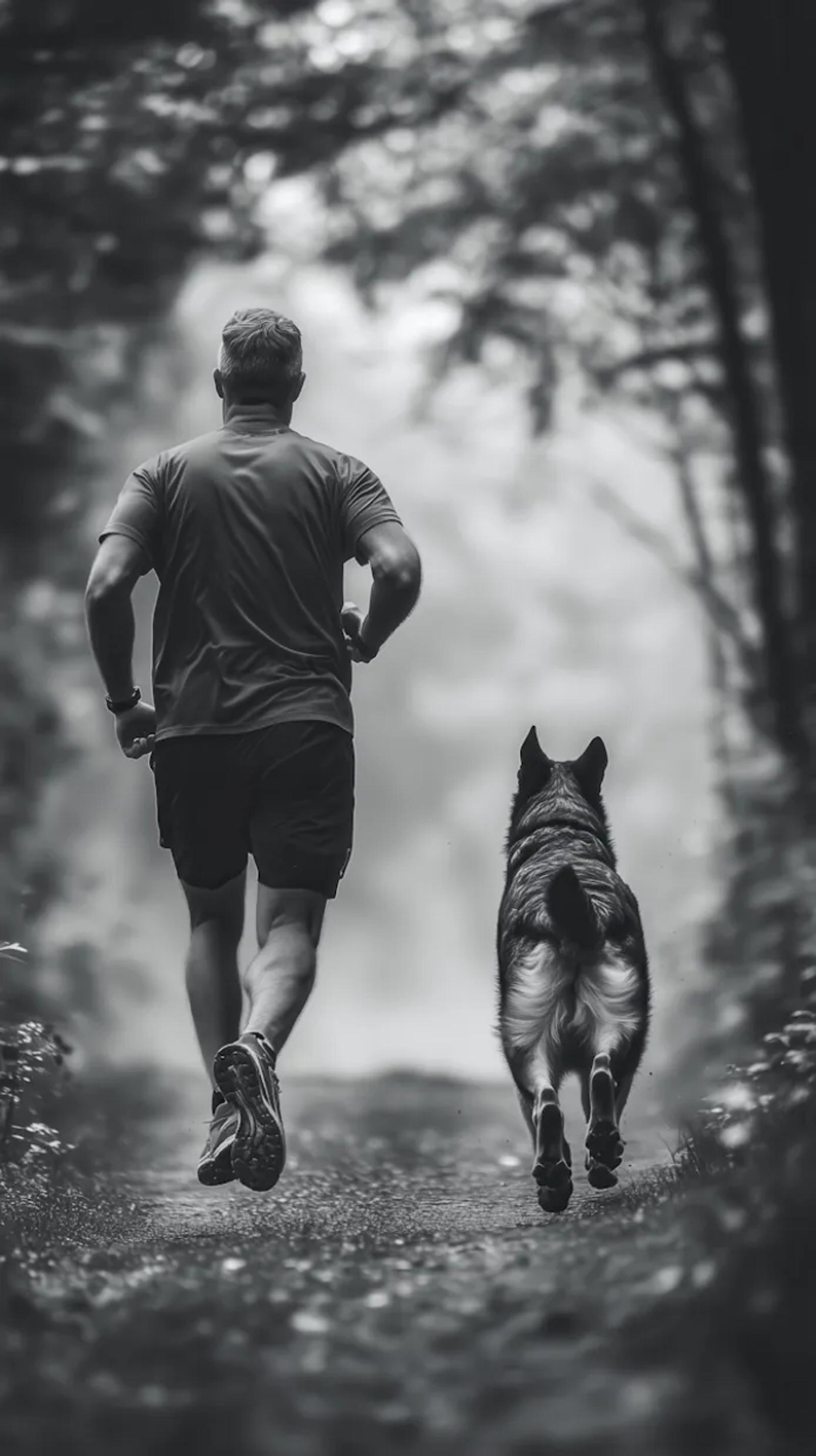 Man running/jogging a 5k with his dog next to him