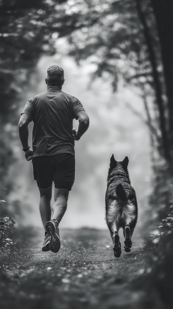 Man running/jogging a 5k with his dog next to him