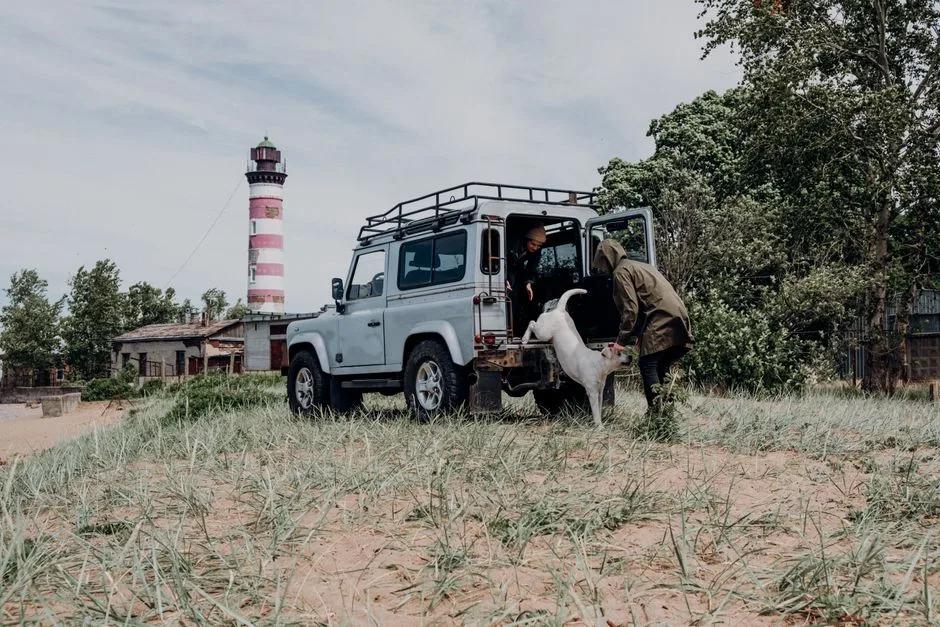 Two handlers helping a dog from the back of a four-wheel-drive vehicle