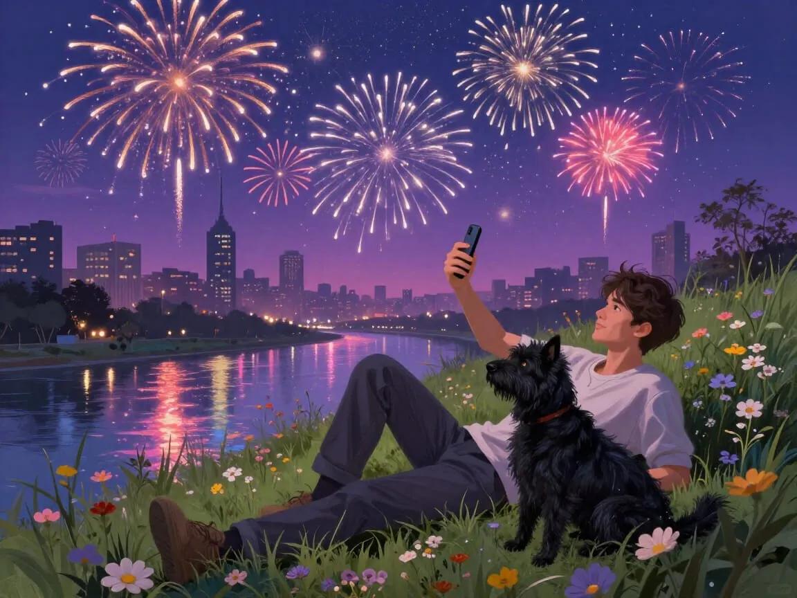A man and his black dog outside enjoying the fireworks