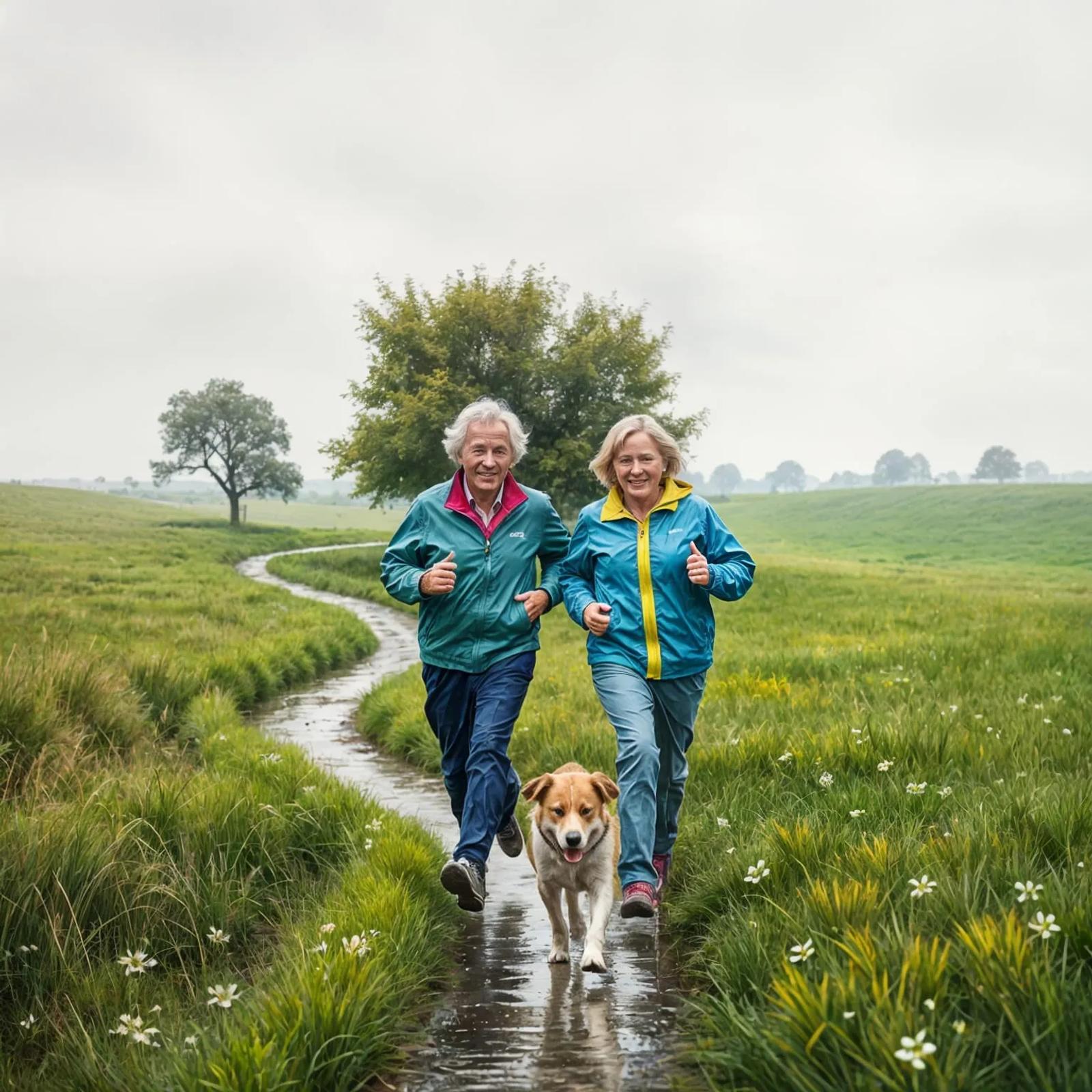 Older couple running a 5k with their dog