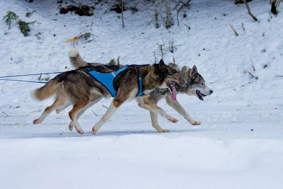 Close-up of a dog wearing a padded running harness on a trail