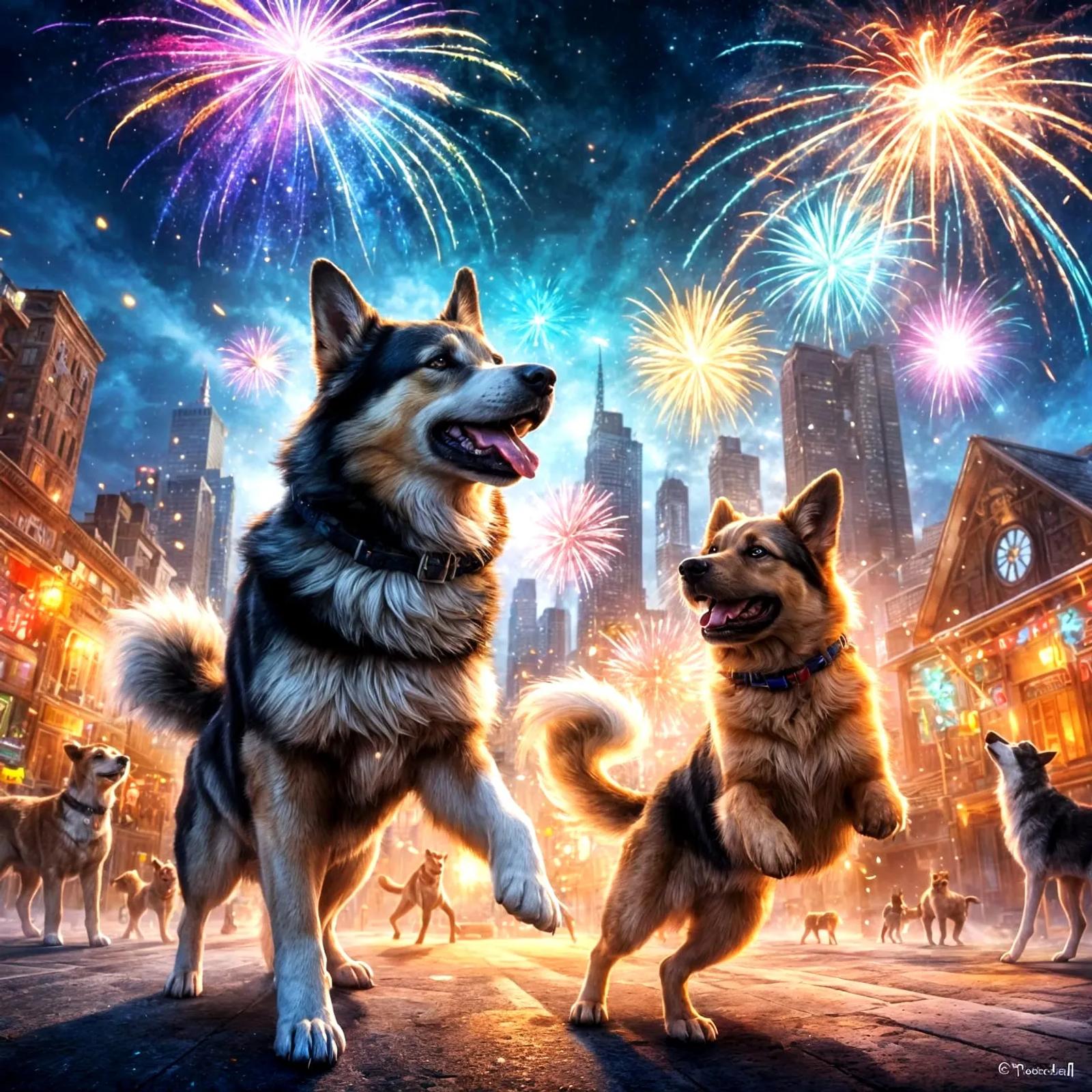 Two flyball dogs enjoying fireworks