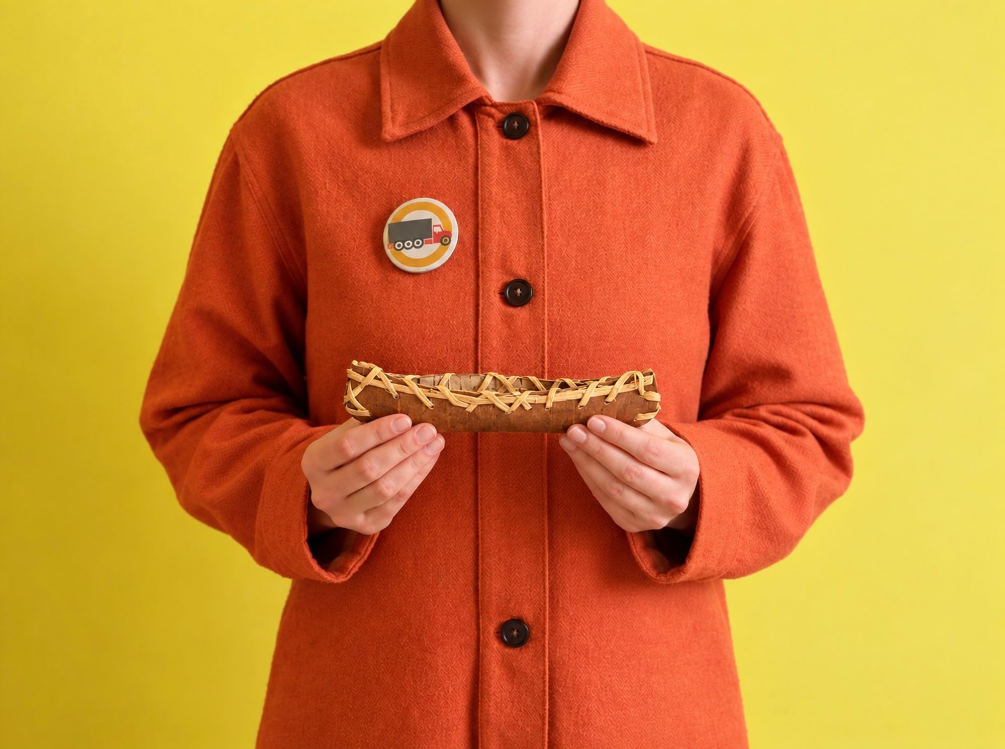 With her fingertips, the person in the orange coat holds a miniature canoe made of birch bark and stitched with spruce root. On her chest, she wears a round pin with a truck logo. 