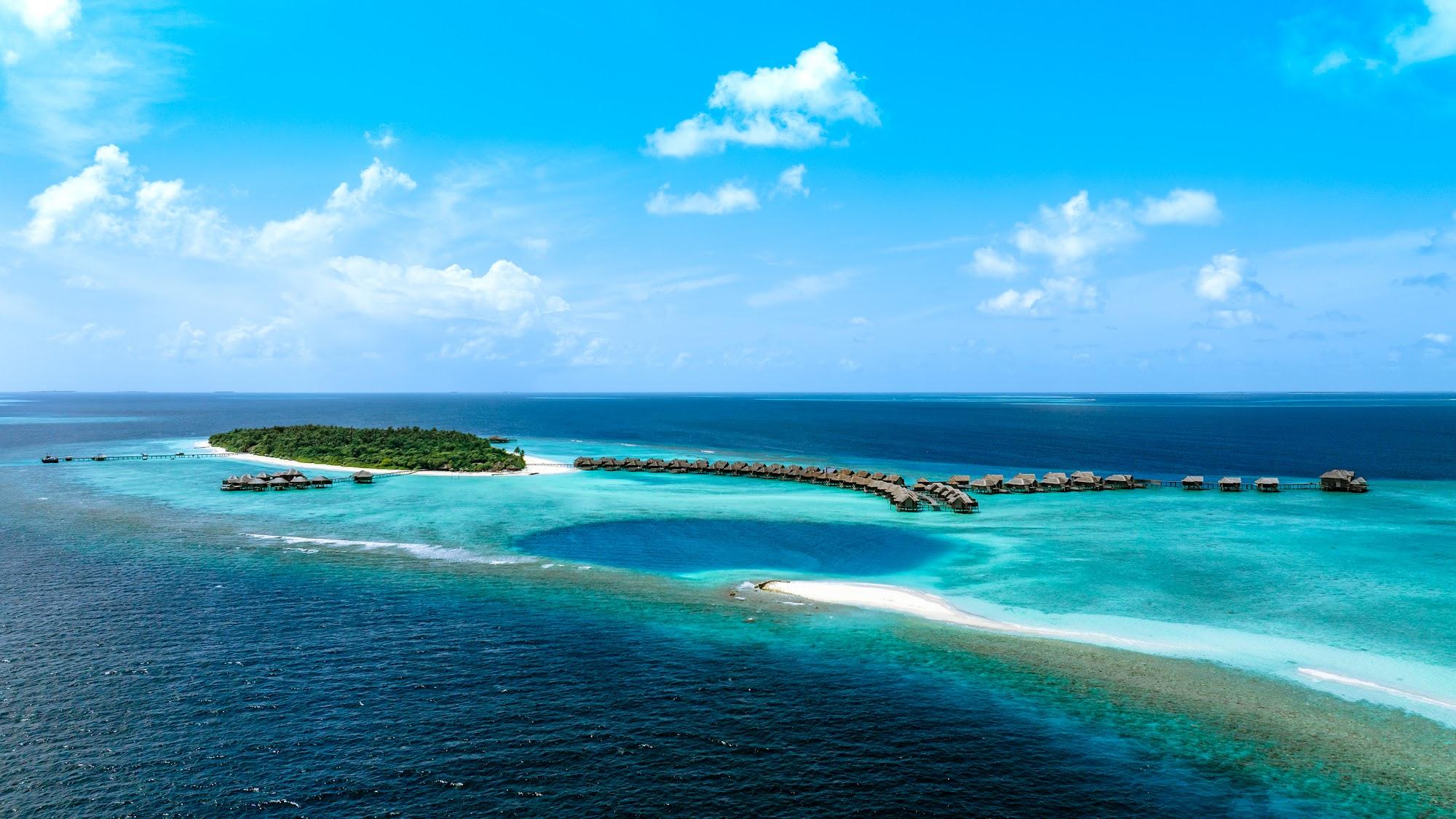 Aerial view of a lush island and lagoon in Baa Atoll