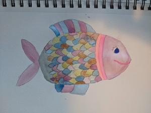 a watercolor of a rainbow-scaled fish like from some children's book