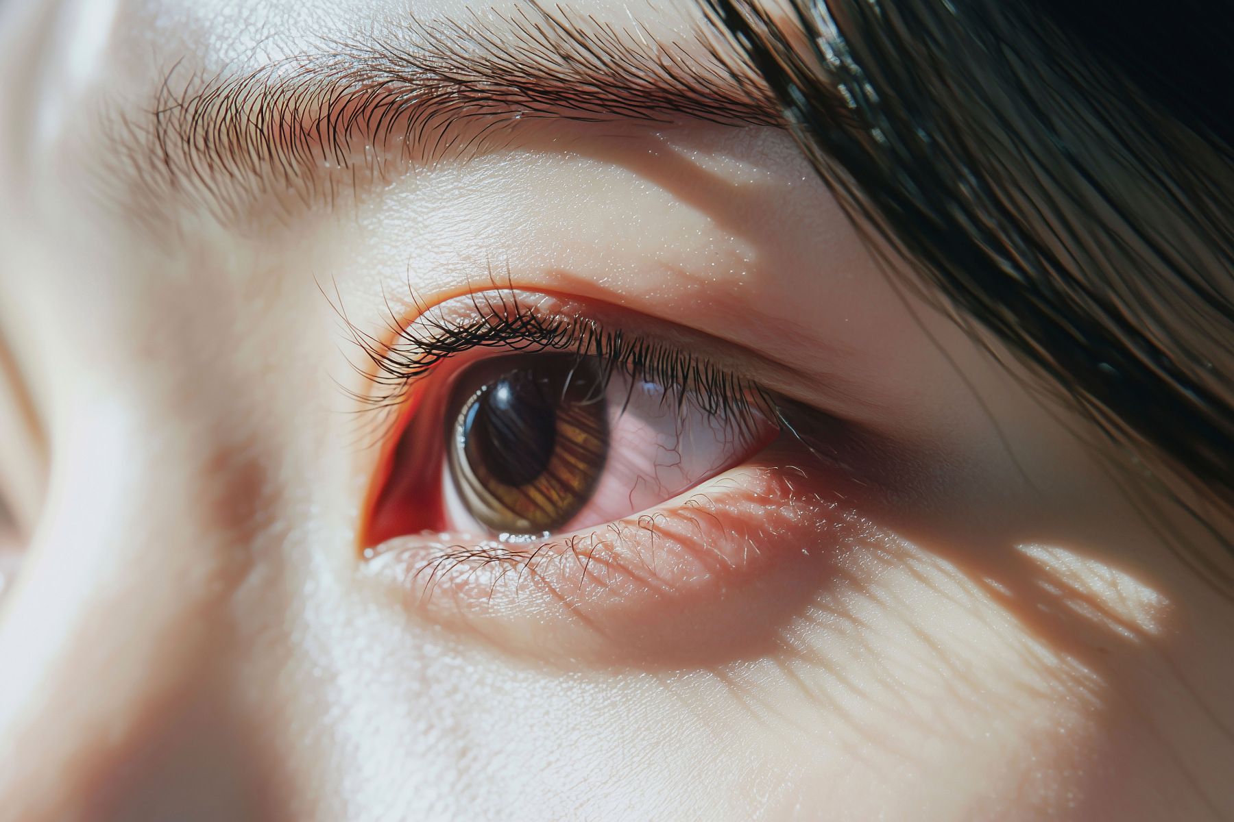 Close-up of one eye with faint redness along the lower lid margin and across part of the white.