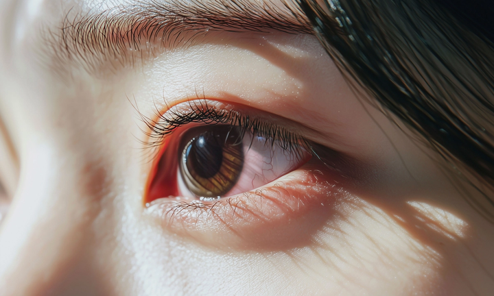 Close-up of one eye with faint redness along the lower lid margin and across part of the white.