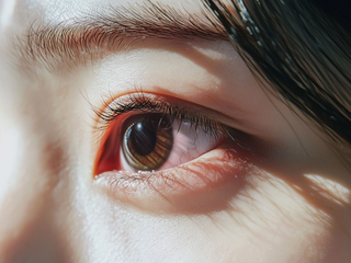 Close-up of one eye with faint redness along the lower lid margin and across part of the white.