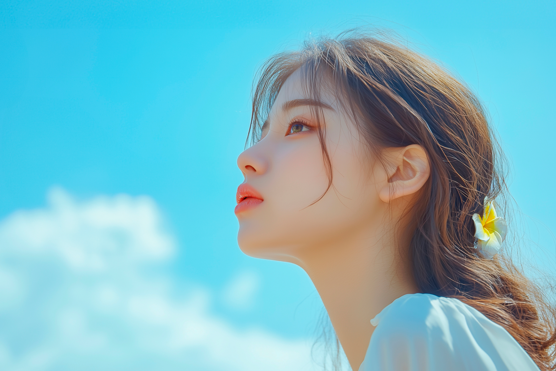 A person looking up at a bright blue sky